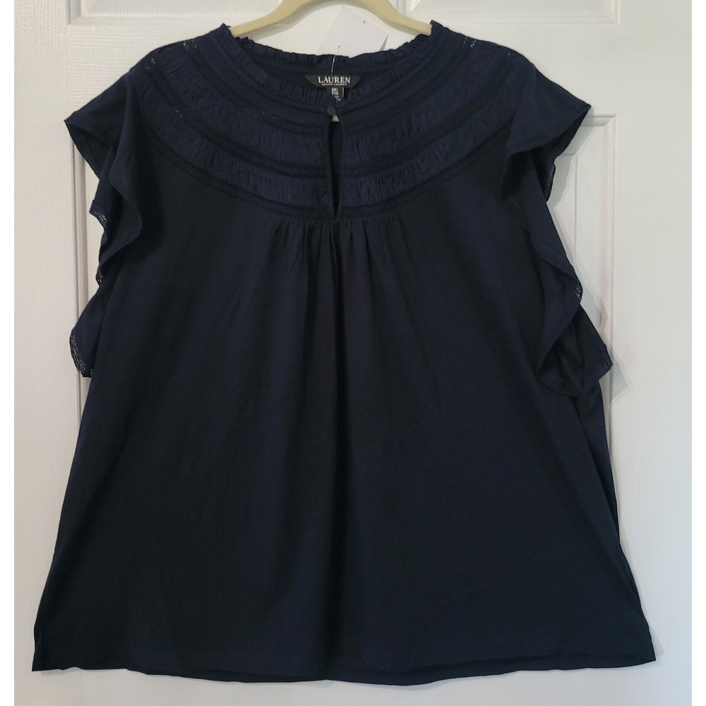 Ralph Lauren Lace Trim Jersey Flutter Sleeve Blouse Plus 2X Navy Peasant Top NWT